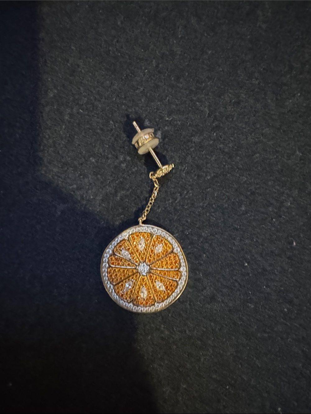 Silver, Gold and Orange Citrus Drop Mono Earring. APM Monaco.